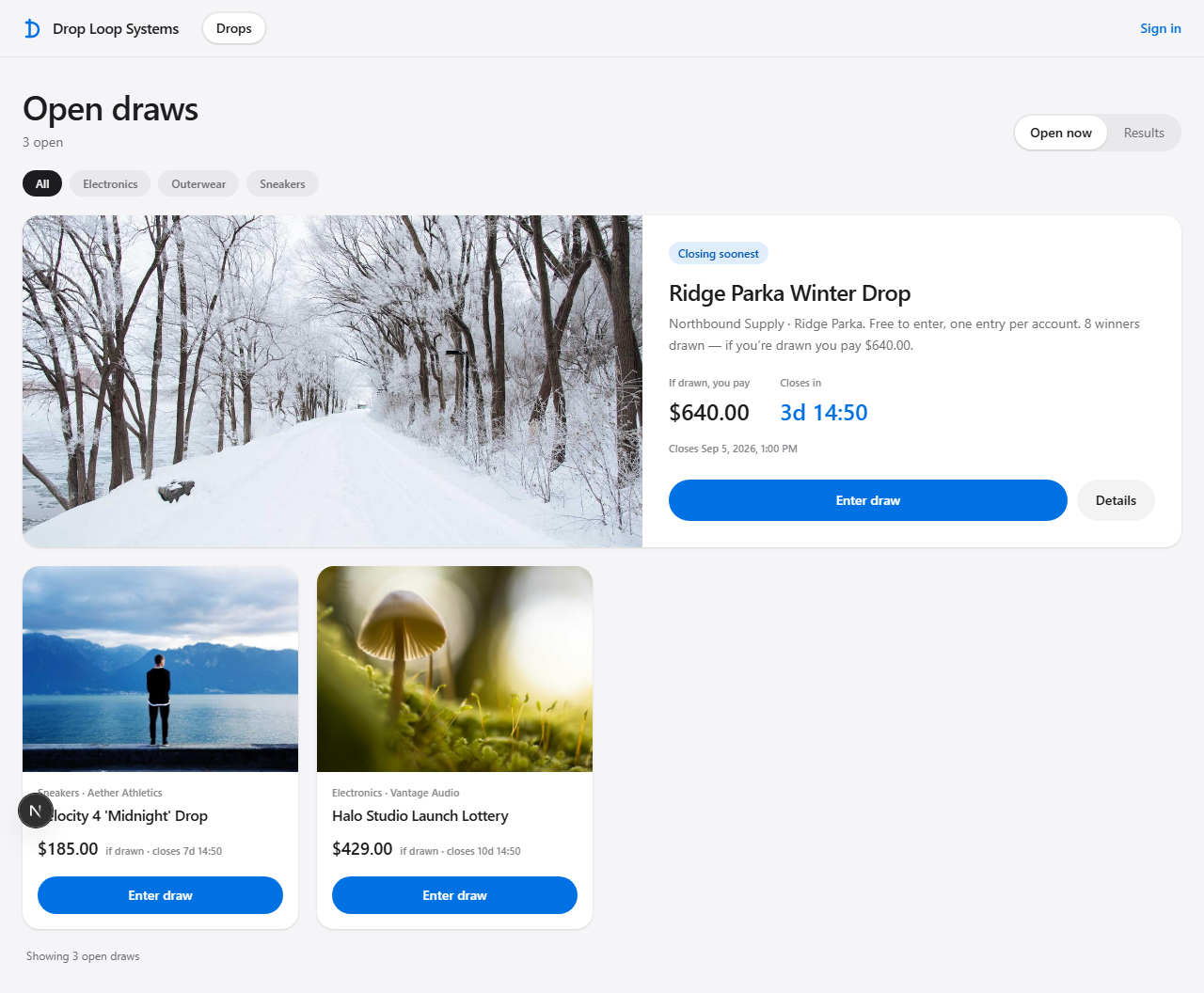 The hosted storefront: open drops with prices and live countdowns